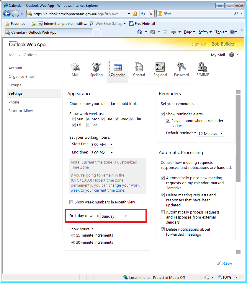 Exchange 2010 Configure OWA Default First Day Of Week IT Support 